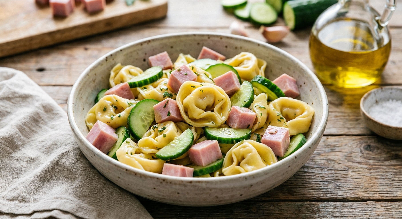 Pyszna sałatka z tortellini, szynką i ogórkiem