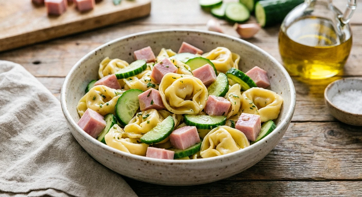 sałatka z tortellini, szynką i ogórkiem