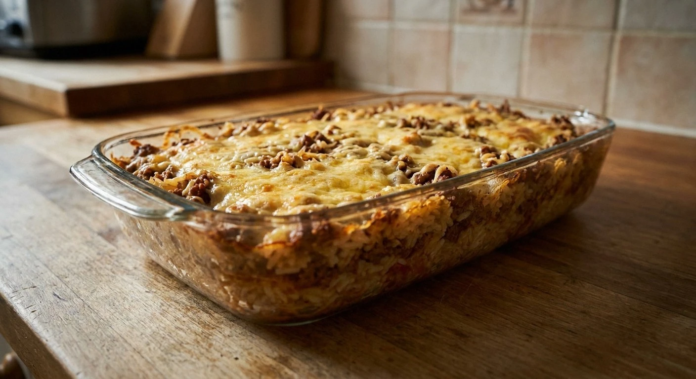 A rectangular glass dish on a wooden surface holds a baked casserole made of white rice, browned ground meat, and a